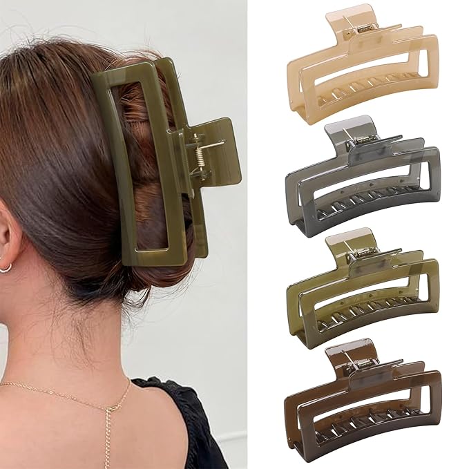 5 Inch Extra Large Claw Clips for Thick and Long Hair, 4 Pack XL Jumbo Clear Jelly Rectangle Hair Clips, Oversized Matte Non-Slip Strong Hold Jaw Clips for Women in Brown, Grey, and Light Green