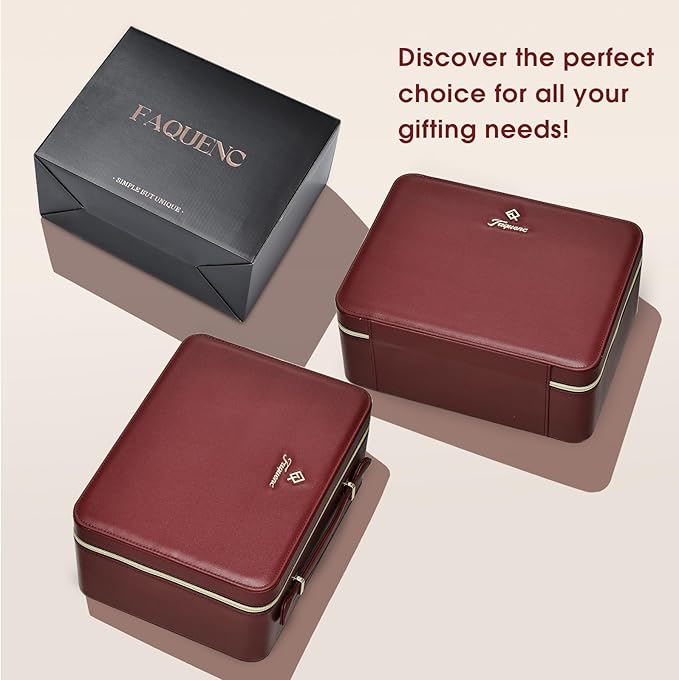 Faquenc Leather Makeup Case with LED Lighted Mirror 11.4 Inch Travel Makeup Bag Adjustable Brightness in 3 Colors Cosmetic Organizer Artist Storage Bag with Dividers Brush Holder Bag Vanity Red
