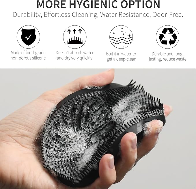 Silicone Body Scrubber, BEAUTAIL Upgrade 3rd Gen Shower Bath Brush, Lather Nicely, Soft Massage Body, More Hygienic Than Traditional Loofah, Gentle Exfoliating for Sensitive Skin, 1 Pack, Black