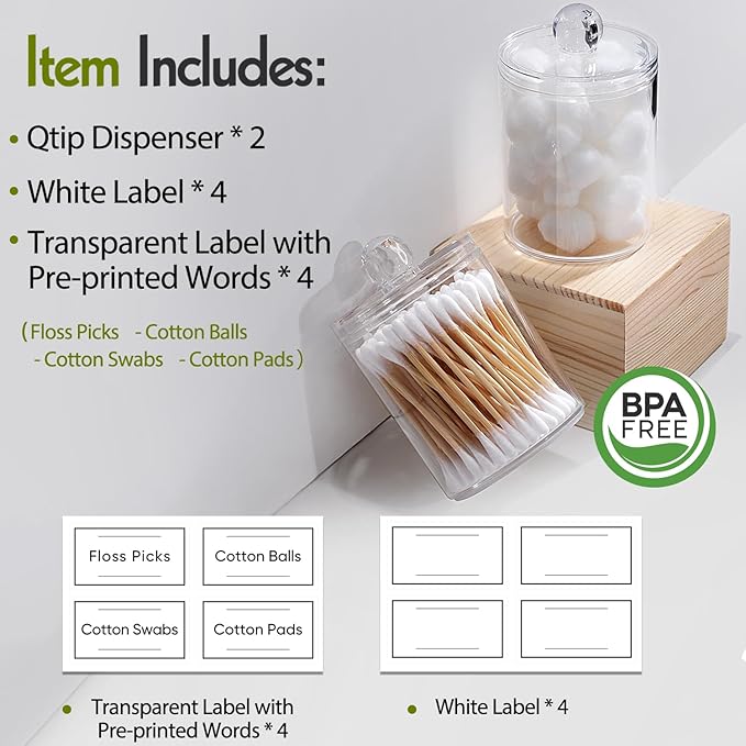 2 Pack Acrylic Qtip Holder Dispenser for Cotton Swabs, Balls, Pads, Floss Picks- Small Clear Plastic Canister Apothecary Jar Set, Bathroom Essentials Accessories Decor, Vanity Makeup Storage Organizer