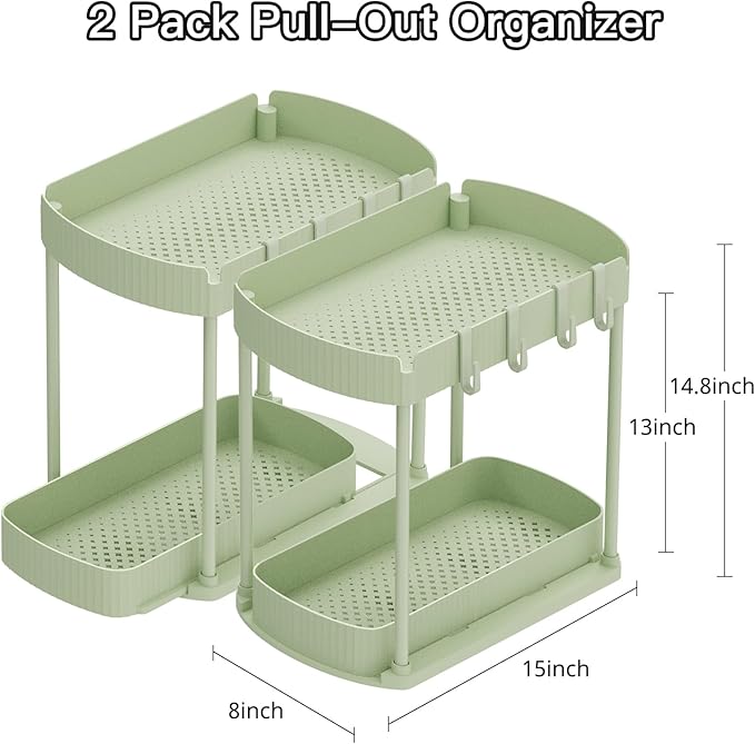 2 Pack Multi-Purpose Pull-Out Storage Organizers, Under Sink Organizers and Storage for Bathroom & Kitchen, Under Cabinet Organizers and storage, 14.8 Inch, Green