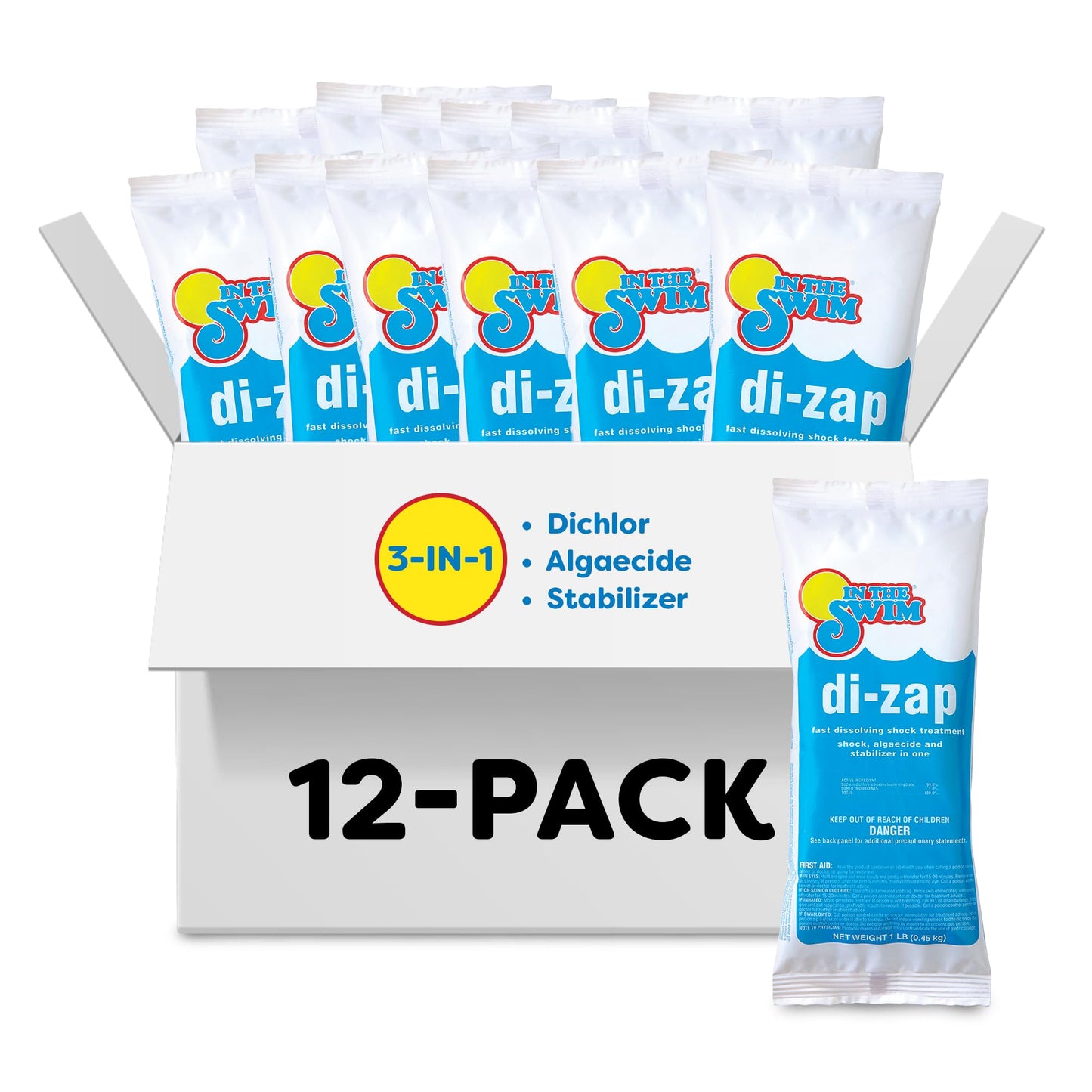 In The Swim Premium 3-in-1 Pool Shock - Di-Zap Contains Dichlor, Algaecide, and Stabilizer - 12 x 1 lb. Bags