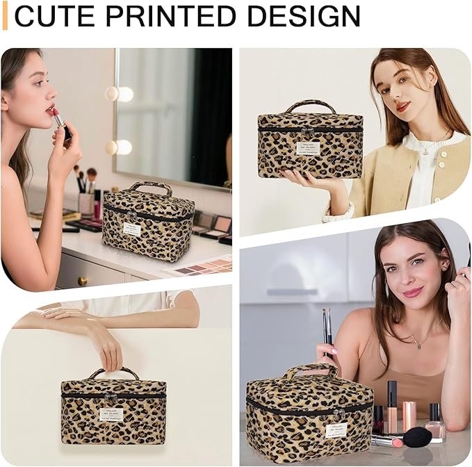 1pc Large Makeup Bag, Cute Cosmetic Bag for Women Girls, Floral Coquette Aesthetic Toiletry Bag, Travel Make Up Organizer Bag (Leopard Print)