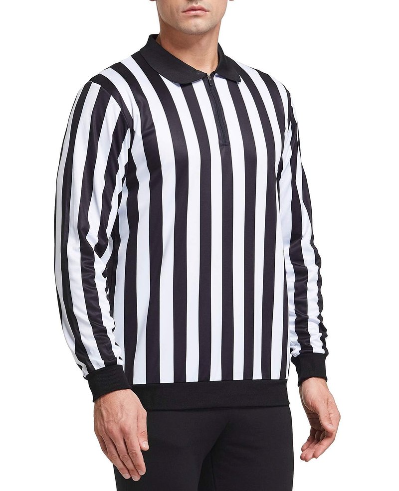FitsT4 Sports Men's Official Black & White Stripe Referee Shirt Zipper Collared Long Sleeve Umpire Jersey Costume Pro Ref Uniform for Soccer Basketball Football Cosplay