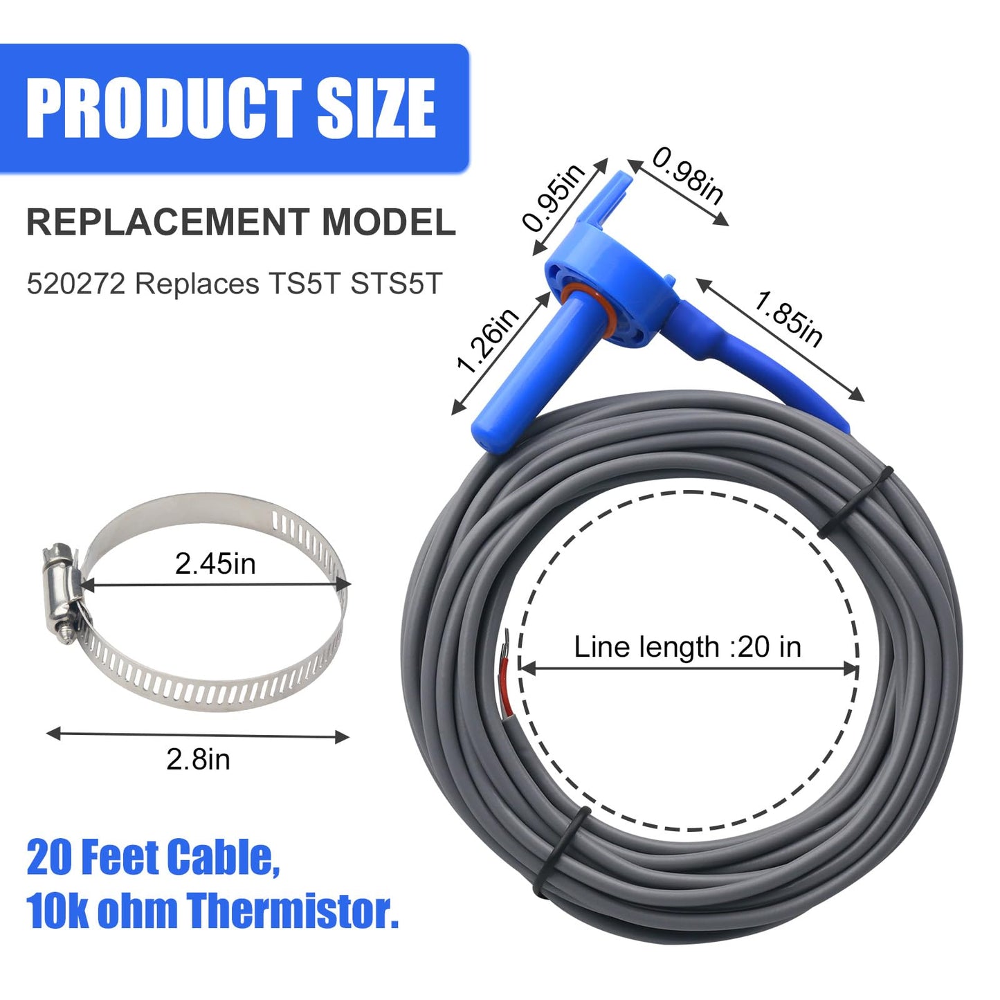 2 Pack 520272 Pool 7790 Temperature Sensor Thermistor Air/Water/Solar 20' Feet Cable for Jandy - Replacement Pool/Spa (10K-ohm Sensor - Includes 2 Pcs 2" Pipe Clamp)