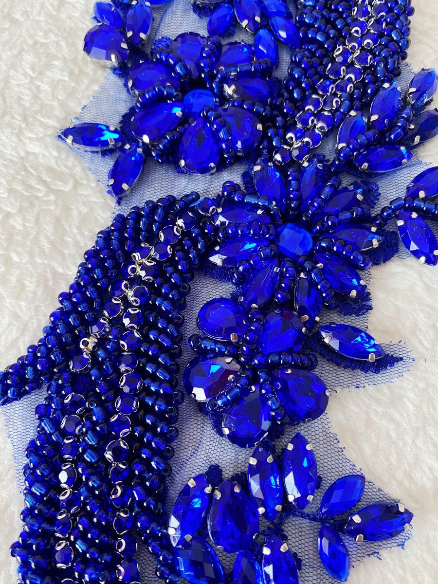 Handmade Rhinestones lace Applique handsewing Beads Trim Patches for Dress Clothing Accessories 35X12cm 1Pair/Bag