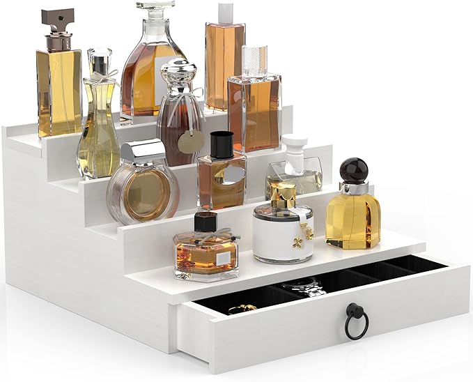 upcessory Cologne Organizer for Men, 4 Tier White Wood Perfume Organizer with Felt Lining Drawer and Hidden Compartment, Perfume Display Holder, A Gift for Men