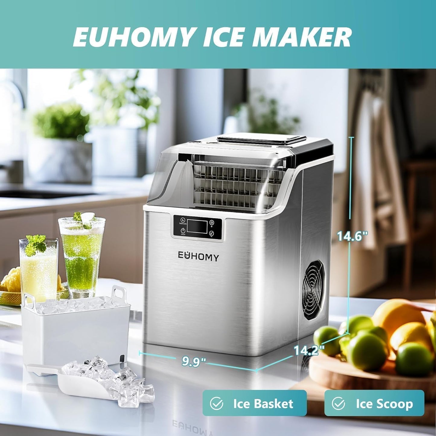 EUHOMY Ice Cube Maker Machine Countertop, 2 Ways to Add Water, 45Lbs/Day 24 Pcs Ready in 13 Mins, Auto-Cleaning Portable Compact, with Ice Scoop & Basket, Perfect for Home/Kitchen/Office/Bar (Silver)