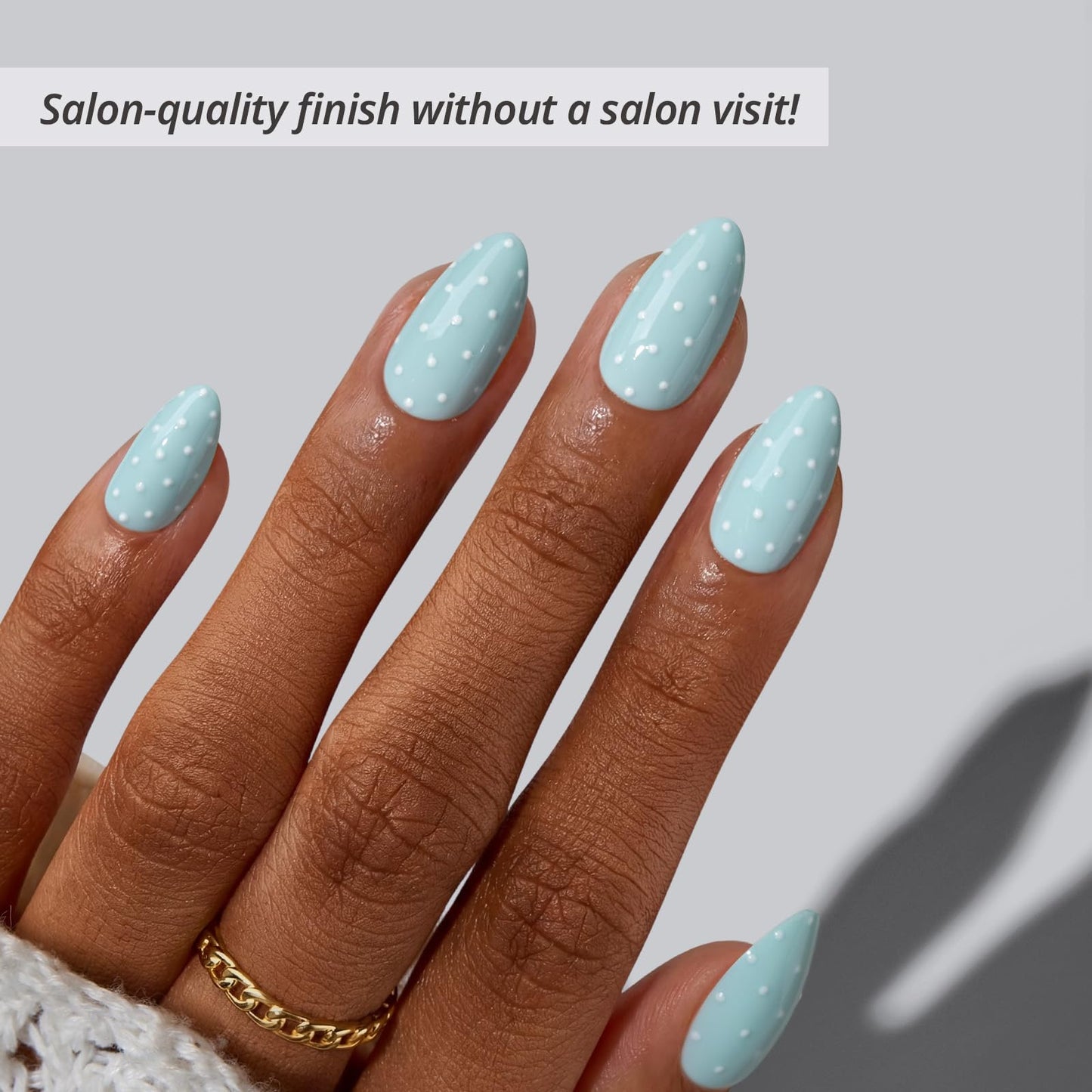 BTArtbox Press On Nails Short - Dotted Overalls, Easy-to-Apply Polka Dot Pastel Blue Almond Press On Nails with Glue and Adhesive Tabs in 16 Sizes - 32 Nails All-in-One Kit