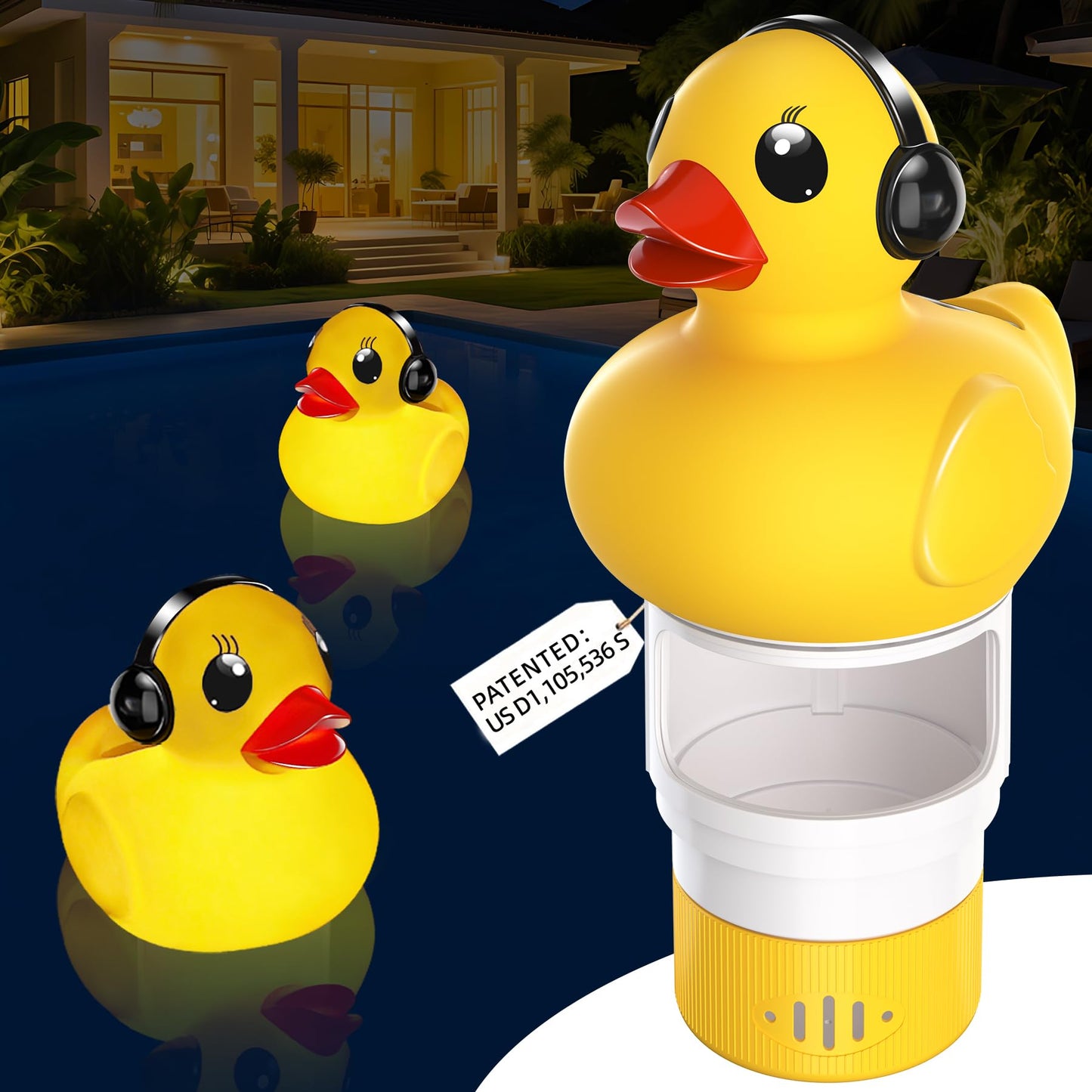 KingSom 2025 Upgraded Pool Chlorine Floater, Duck chlorine Floaters with Light, Solar Chlorine Floaters w/Adjustable Flow, Large Capacity Floating chlorines Dispenser for Pools,pool Chlorinator,Yellow