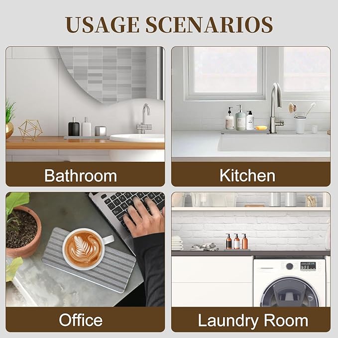 2PCS Fast-Dry Diatomite Sink Tray Set, Ultra Absorbent Soap Holder & Coaster with Non-Slip Feet & Grooved Design, Bathroom Kitchen Countertop Organizer, 8.3x4 Inches (Grey)