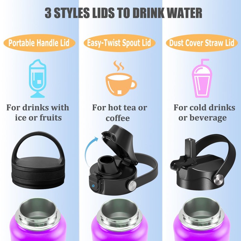 Water Bottle Insulated 32oz 40oz 64oz 128oz Straw Lid Spout Lid & 3 Lids, Leak Proof, Vacuum Insulated,Stainless Steel Water Bottle Wide Mouth for Sports, Gym or Office (Purple Black, 128 oz)