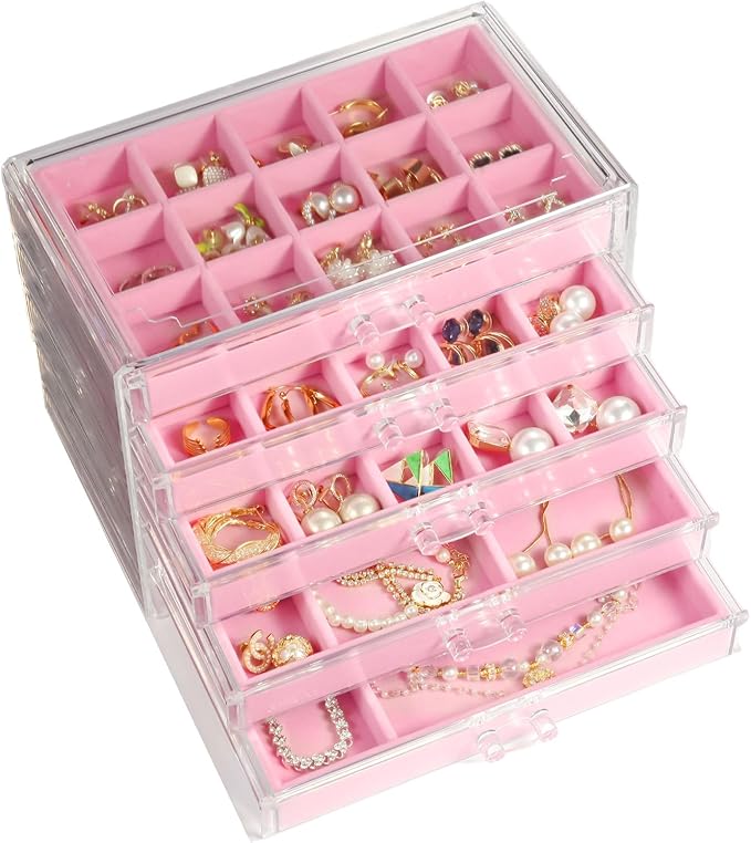 5 Drawers Clear Jewelry Box for Women and Girls, Acrylic Earring Holder Organizer Ring Holder Display Storage, Pink