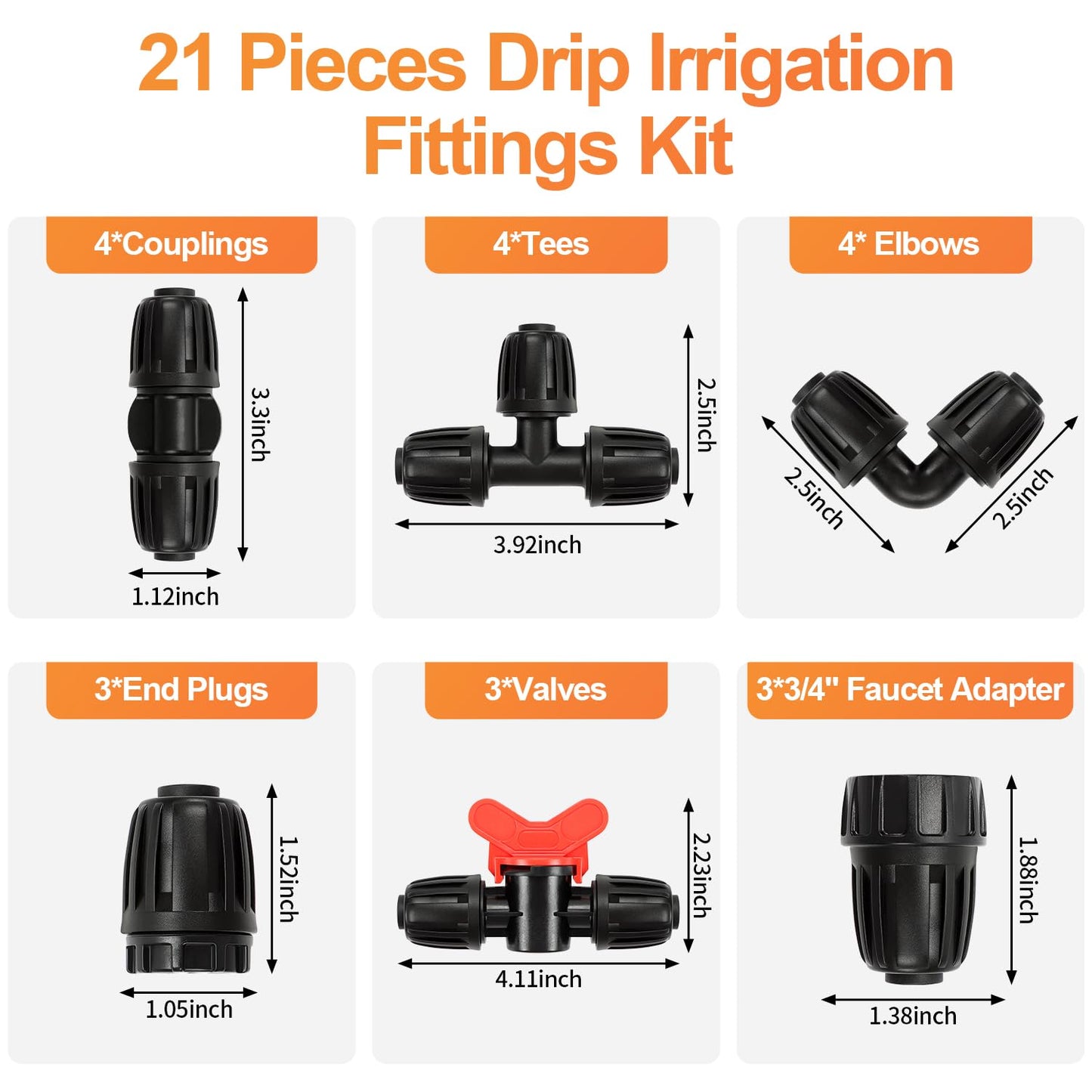 Copadri 21 Pieces1/2 Inch Drip Irrigation Fittings Kit, 1/2'' Drip Line Barbed Locked Connectors for 1/2 Inch Irrigation Tubing (1/2" ID x 0.650" OD) Coupling Tee Elbow Plug Valve Faucet Adapter