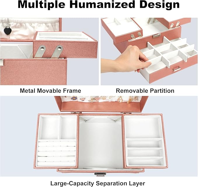 Dajasan Jewelry Organizer Box, Large Jewelry Boxes for Women Girls, Compact 3 Layers Jewelry Storage Case with Drawer, Gift Idea for Christmas, Valentine's Day, Birthday, Mother's Day (Rose Gold)