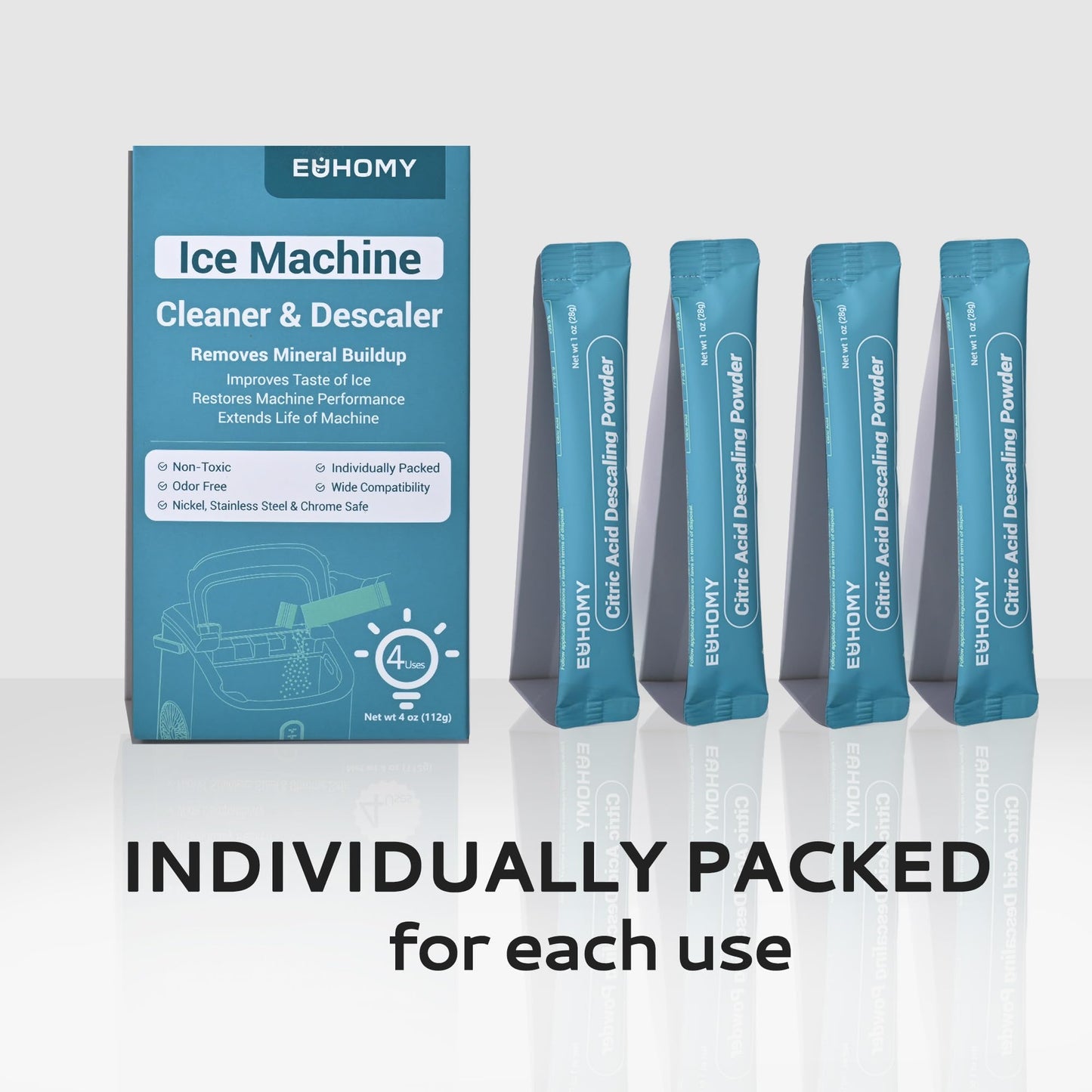 EUHOMY Ice Maker Cleaner & Descaler | 4 Use & Individually Packed | Ice Machine Cleaner with Organic Citric Acid Descaling Powder, Ideal for All Brands