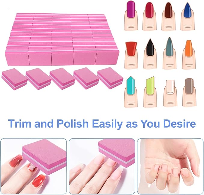 180/240 Grit Nail Buffers (50 Pack), mini Buffer Block Nail File for Acrylic Nails and Natural Nails, Professional Nail Buffer Block Bulk Buffing Blocks for Nail Buff Manicure File Blocks Set Pink