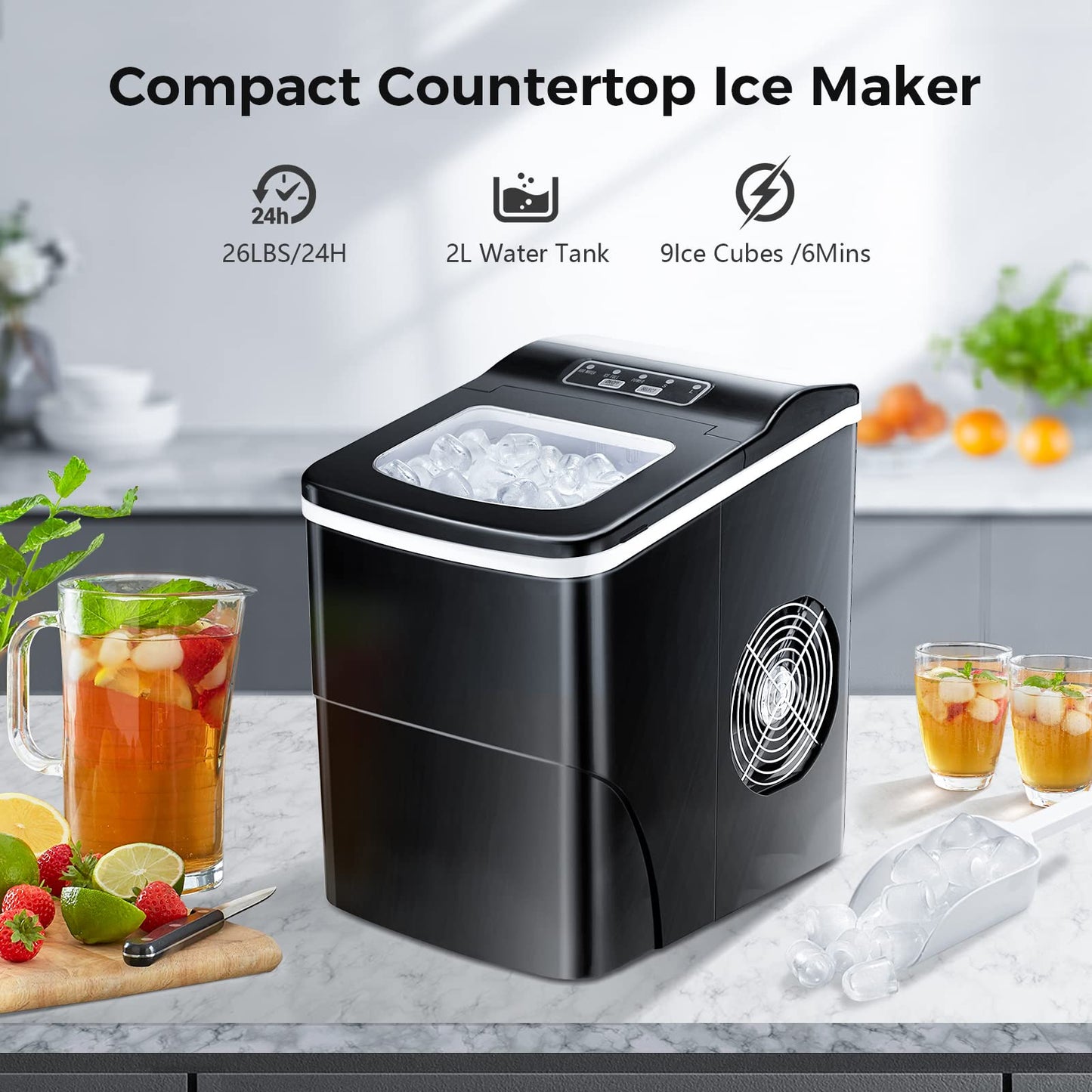 AGLUCKY Ice Makers Countertop with Self-Cleaning, 26lbs/24hrs, 9 Cubes Ready in 6 Mins, Portable Ice Machine with 2 Sizes Bullet Ice/Ice Scoop/Basket for Home/Kitchen/Office/Bar/Party, Black