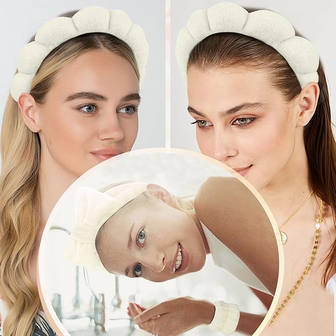 6 Pcs Puffy Spa Headband and Wristbands, Beige, Hairband for Washing Face Skincare, Absorbent Headband for Shower, Yoga, Makeup, Unisex-Adults