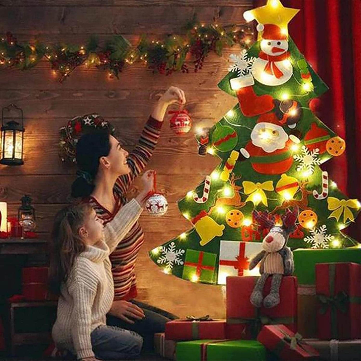 Felt Christmas Tree for Toddlers, Montessori Felt Christmas Tree with Lights for Kids