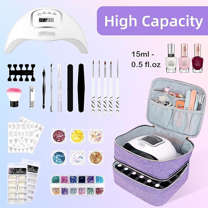 Nail Polish Organizer Holds 30 Bottles (15ml - 0.5 fl.oz) Double-layer Gel Nail Polish Kit Case, Nail Holder for Nail Lamp, Portable Nail Organizer and Storage for Nail Supplies (Purple)
