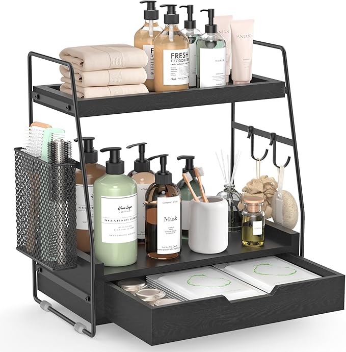 2-Tier Bathroom Counter Organizer with Drawer & Removable Basket, Wood & Metal Vanity Organizer for Skincare, Makeup, Perfume, Toiletries, Small Bathroom Counter Shelf, 13'' Black