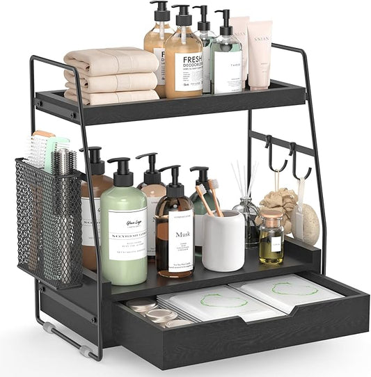 2-Tier Bathroom Counter Organizer with Drawer & Removable Basket, Wood & Metal Vanity Organizer for Skincare, Makeup, Perfume, Toiletries, Small Bathroom Counter Shelf, 13'' Black