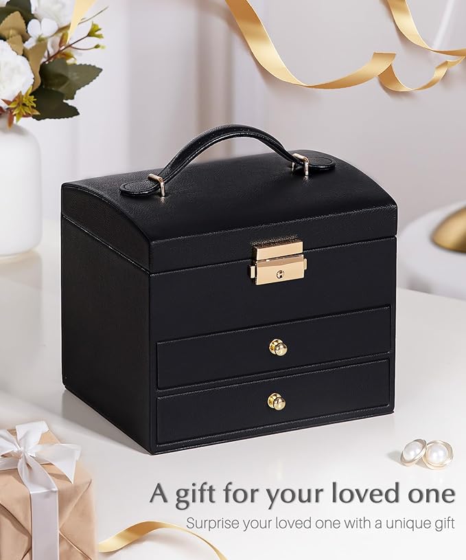 Homde Girls Jewelry Box with Lock: 3 Layer Organizer with Removable Tray - Storage for Ring Necklace Earring - Birthday & Return Gifts for Young Women (Graphite Black)