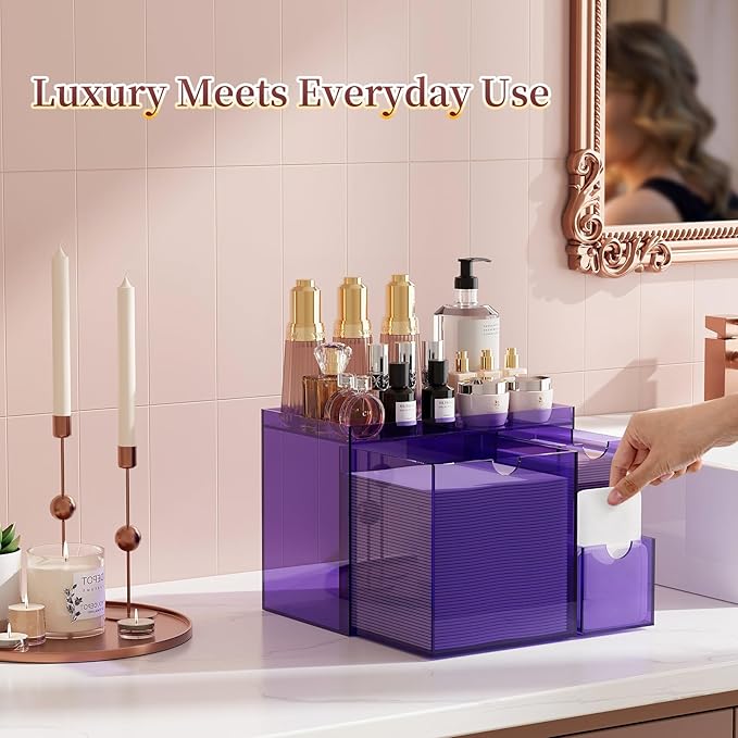 Youdepot Purple Acrylic Face Towel Holder with 3 Drawers, Disposable Face Towel Organizer for XL Facial Towels, Cotton Pads, Swabs, Skincare Tools, Bathroom Vanity Countertop Storage Box.