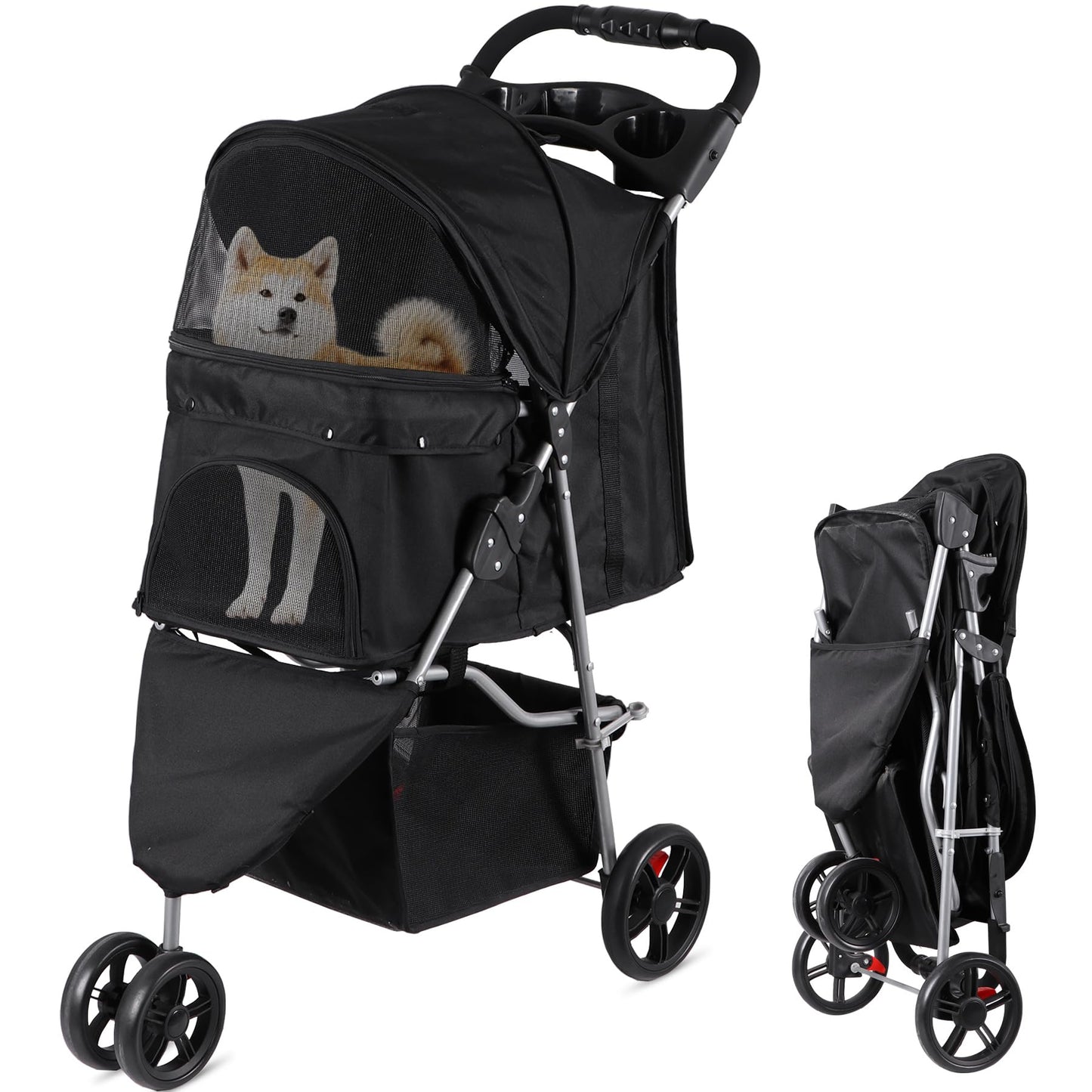 Foldable Pet Stroller for Cats and Dogs 3 Wheels Carrier Strolling Cart with Weather Cover, Storage Basket + Cup Holder (Black)