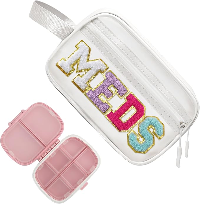 COSHAYSOO Clear MEDS Letter Patch Bag with Small Pill Case Organizer for Travel Purse Pouch, Cute Medicine Dispenser Mini Medication Box Vitamin Holder Women Teen Girls Preppy Christmas Gift (Pink)