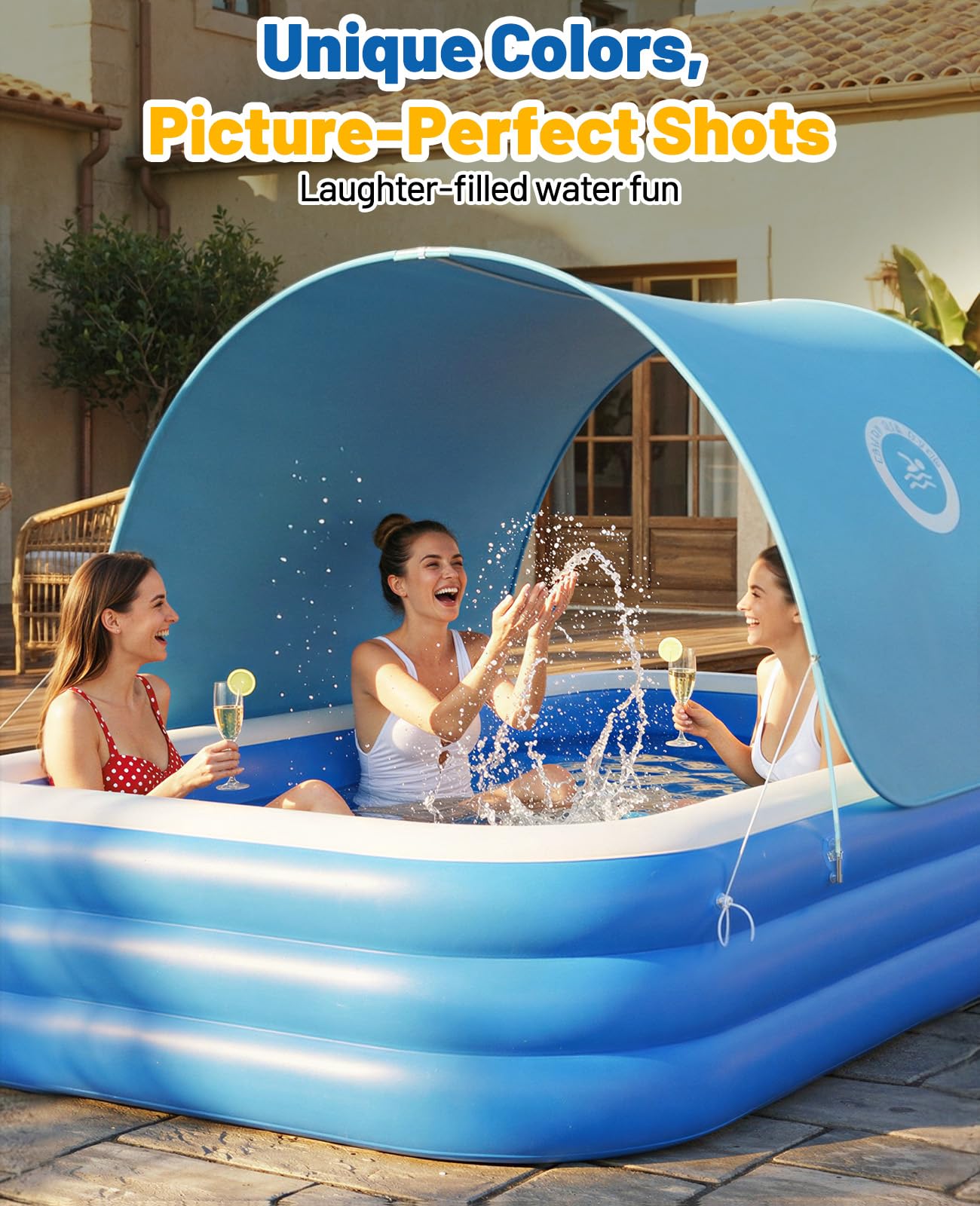 HeySplash Inflatable Pool with Canopy, Large Inflatable Swimming Pool for Adults & Kids, Blow Up Pool Thickened Family Pool for Outdoor Backyard Garden Party Summer Fun, 118" x 69" x 24"(Blue)