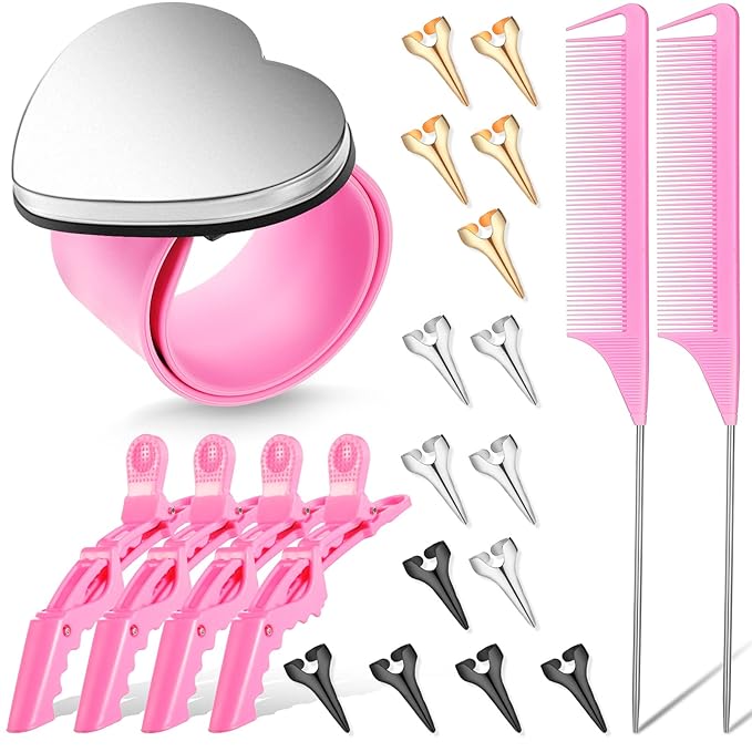 22 Pces Hair Braiding Tools with Magnetic Wrist Sewing Pincushion Pin Wristband Stainless Stitch Braid Finger Ring Tool Pintail Rat Tail Comb Sectioning Alligator Clips Salon Home(Pink)