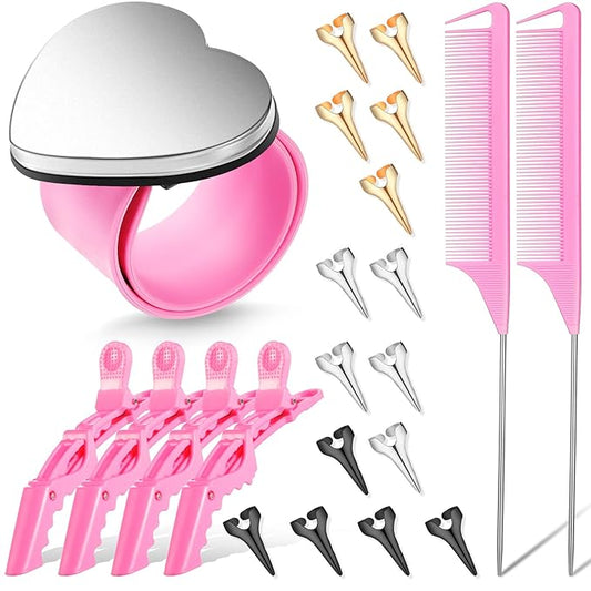 22 Pces Hair Braiding Tools with Magnetic Wrist Sewing Pincushion Pin Wristband Stainless Stitch Braid Finger Ring Tool Pintail Rat Tail Comb Sectioning Alligator Clips Salon Home(Pink)