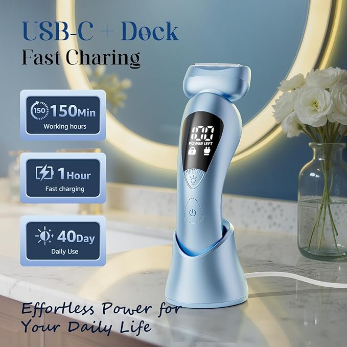 rategist Cordless Electric Razors for Women: Rechargeable Painless Bikini Trimmer for Body Hair - IPX7 Waterproof Shaver with LED Display for Face/Underarm/Leg Deep Blue