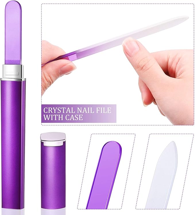 Mudder 6 Pack Crystal Glass Fingernail File with Case for Natural Nail and Cuticle Pusher Dual Ended Manicure Stick Set Nail Care Large Small Portable Tool Gift for Women Pastel Green Violet(Purple)