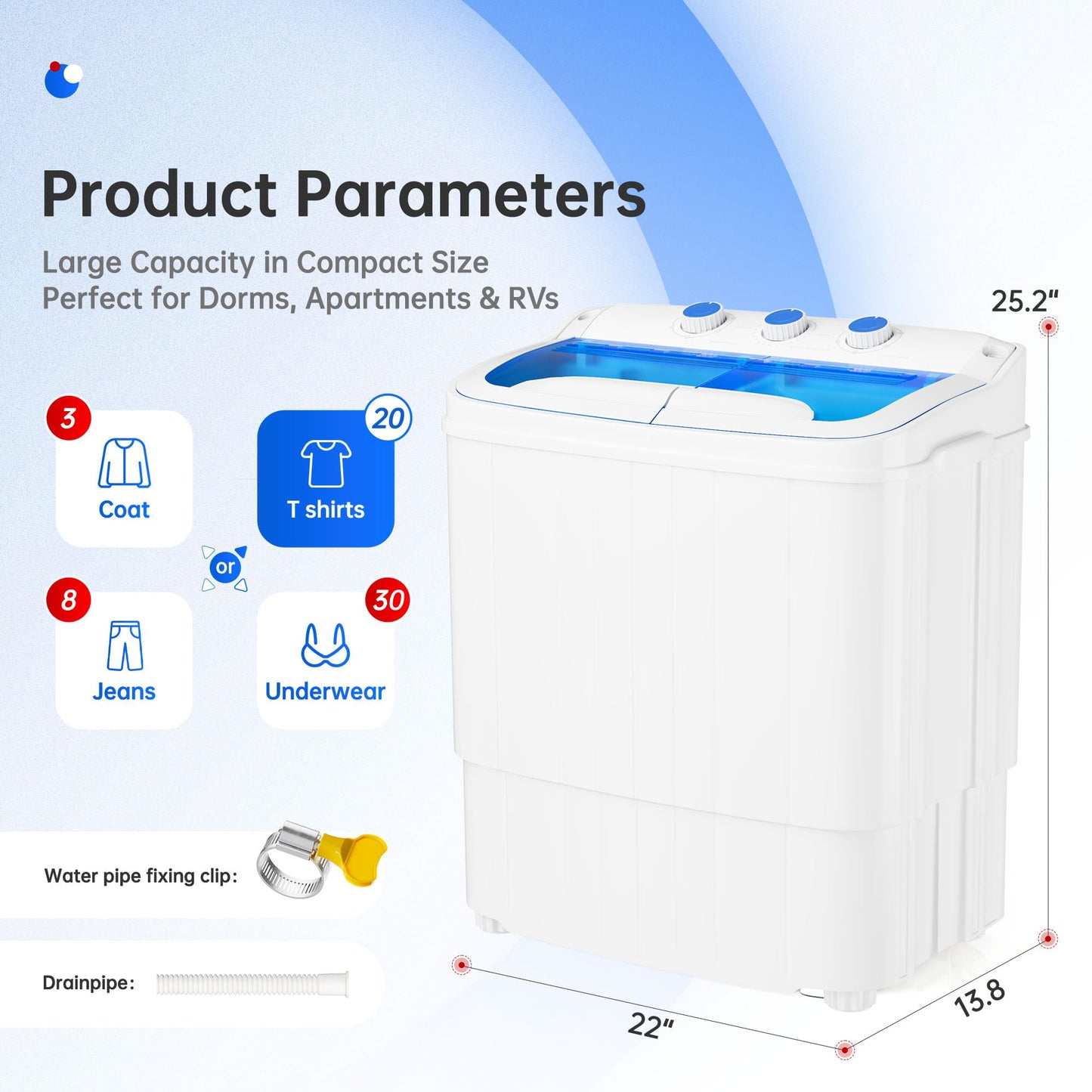 Superday Portable Washing Machine with Longer Hose, 16 Lbs Compact Mini Washer and Dryer Combo,Twin Tub Washing Machine Laundry Compact Washer spinner Combo for Apartments RVs and Dorms(Blue)