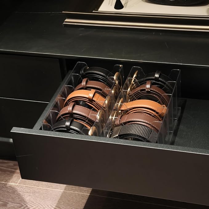 Belt Organizer - Clear Stackable Belt holder for Closet and Drawer Storage - 5 Compartments with Removable Dividers, Multi-Purpose Display Bins With Inserts For Ties, Socks, underwear (1)