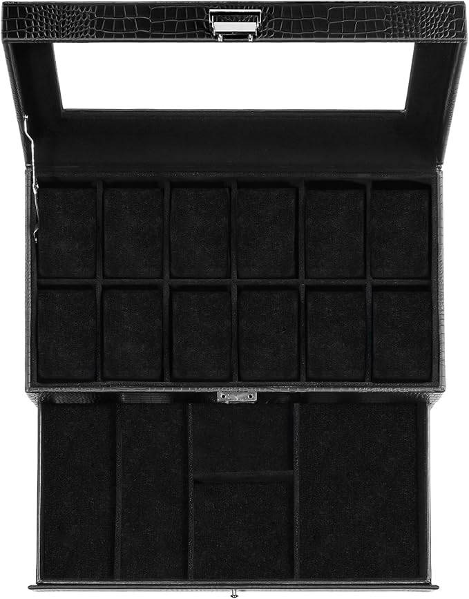 ProCase Watch Box, 12 Slot Mens Watch Case With Drawer, 2-Layer Watch Display Case With Glass Lid, Mens Jewelry Box Storage Holder Organizer, Birthday Valentine Gifts for Men -12Slot, LizardBlack
