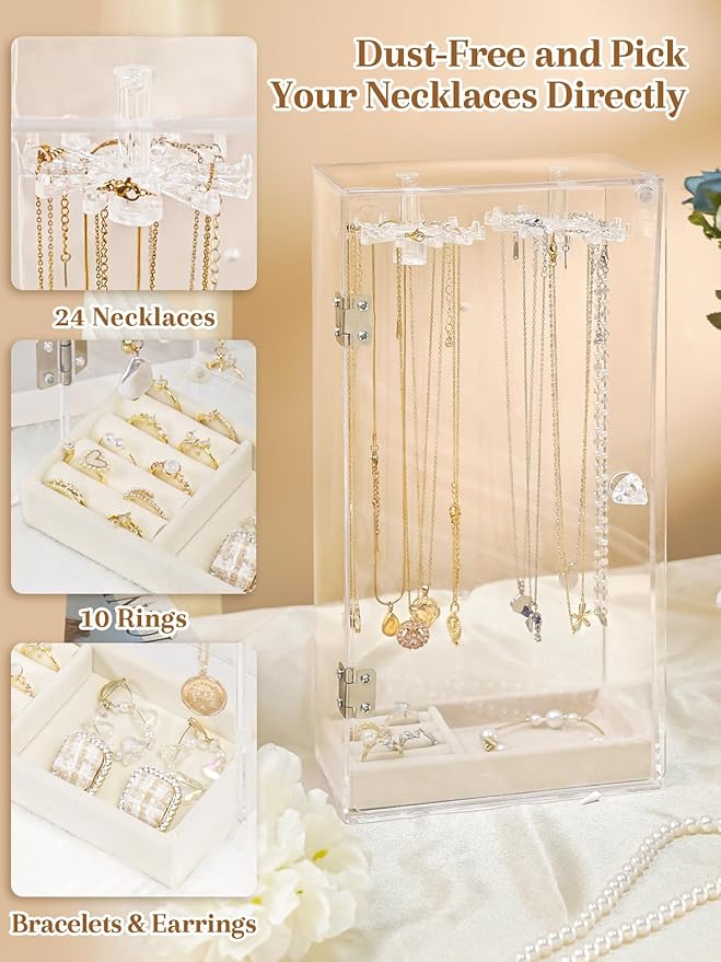 Necklace Holder, Acrylic Necklace Organizer, Rotatable Clear Jewelry Holder Organizer Display Case for Long Necklaces Pendant Bracelets, Jewelry Holder Box with Velvet Tray for Rings Earrings