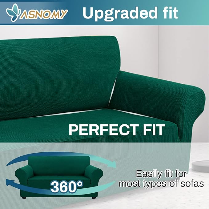 Asnomy Sofa Covers for 2 Cushion Couch Stretch loveseat Covers Slipcovers, Pet Protector Furniture Covers for Dogs Cats Spandex Jacquard Fabric Small Checks （Medium，Blackish Green）