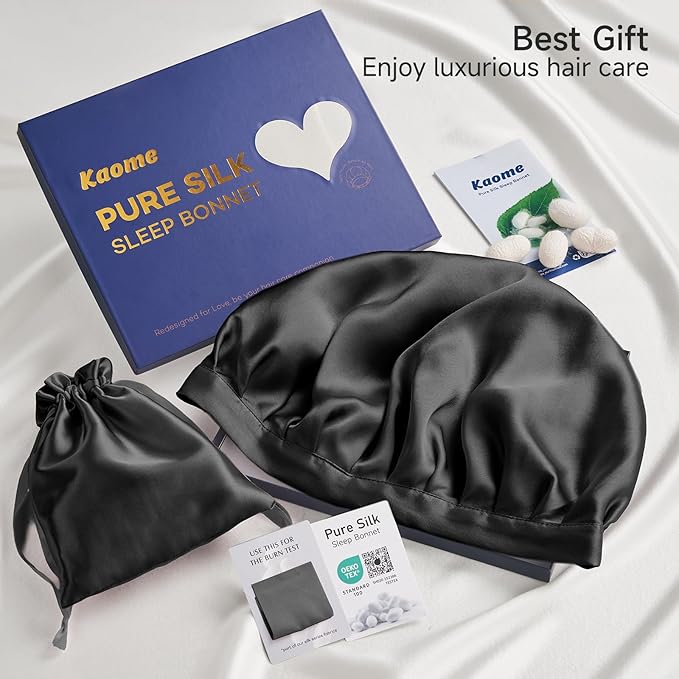 Kaome 100% Mulberry Silk Bonnet for Sleeping Women, 22 Momme Double Layer Silk Hair Wrap, Non-Slip Sleep Cap with Adjustable