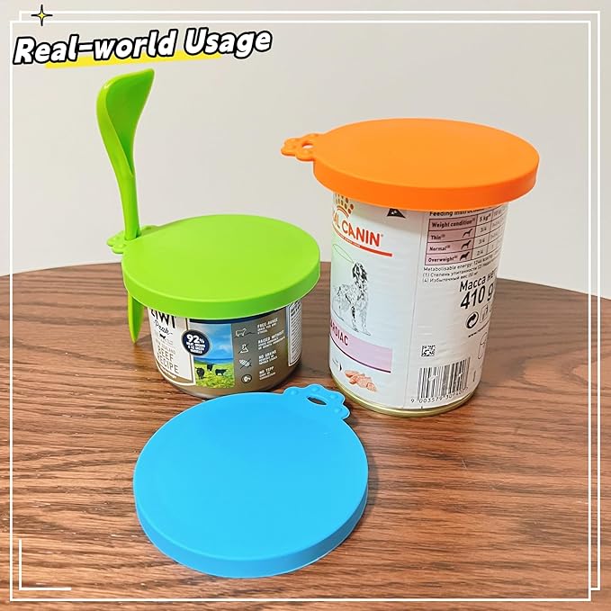 MoPawKT- Pet Food Can Covers Silicone Lids for 3-15 oz Cans, 3 Inner Diameters 2.6”/3”/3.4” Fit for Most Cat & Dog Food Cans/Tins, BPA Free, Reusable (set of 3 lids+1 spoon)