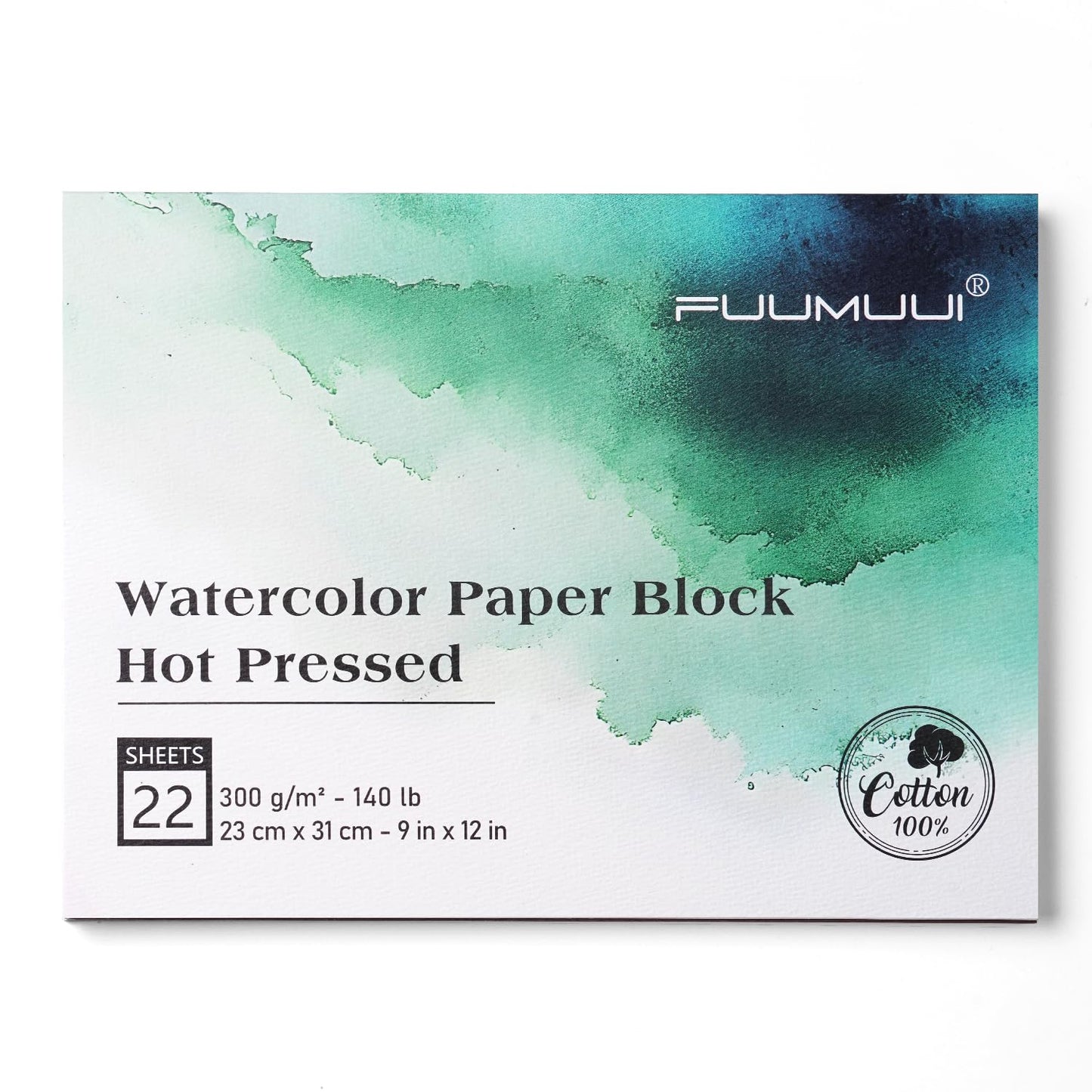 Fuumuui Watercolor Paper Block 9x12 Inch, Smooth Surface 100% Cotton Watercolor Paper, 22 Sheets, 140lb/300gsm, Hot Press, Acid-Free, Art Paper for Painting & Drawing, Wet, Mixed Media