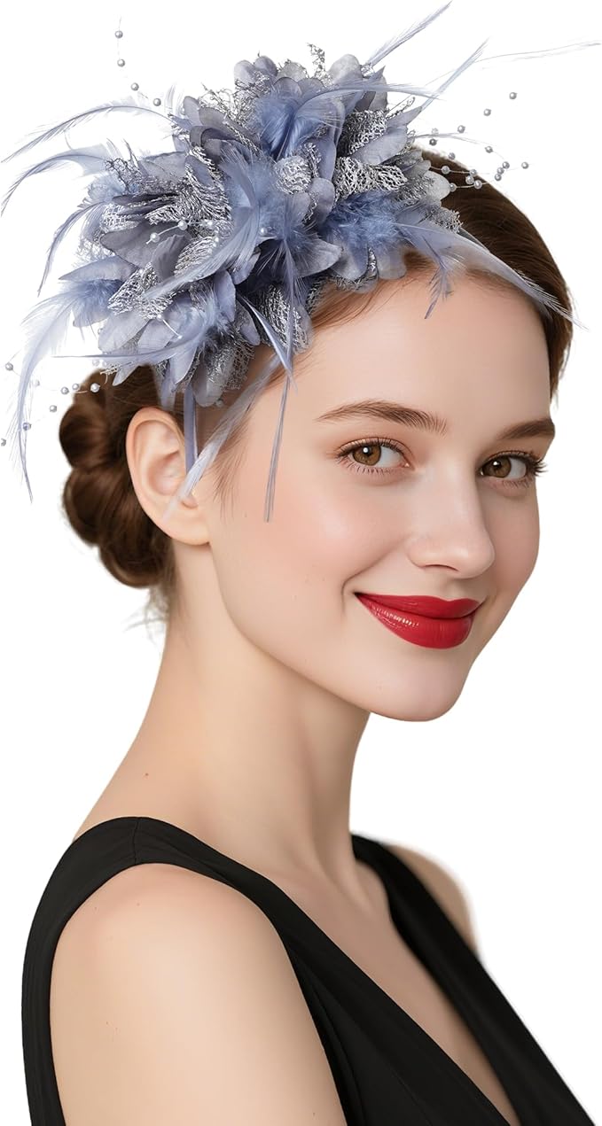 Womens Fascinators Hats Tea Party Hats for Women, Feather Pearl Veil Headband for Wedding Cocktail Dresses Accessories