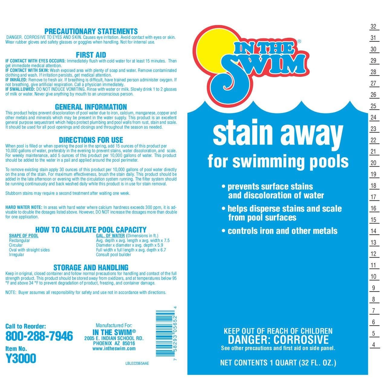 In The Swim Stain Away for Above Ground and Inground Swimming Pools - Removes Mineral Stains from Iron, Copper, and Magnesium in Swimming Pools - 1 Quart