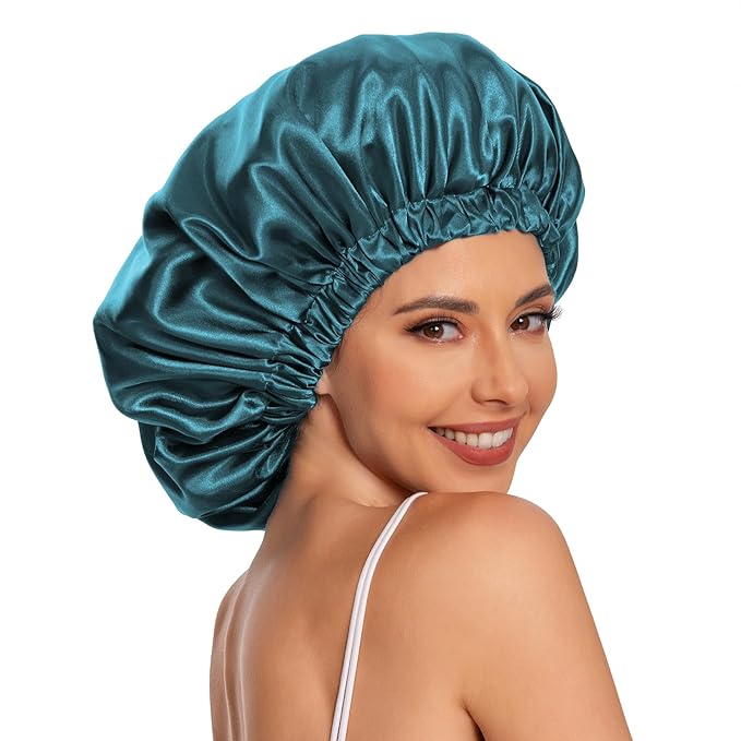 Satin Bonnet Silk Bonnet Hair Bonnet for Sleeping-Slouchy Beanie Hat Satin Sleep Cap for Women's Natural & Curly Hair(Blue Zircon&Dark Pink)