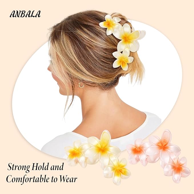 ANBALA 4PCS Hawaiian Flower Hair Clips, Large Claw Clips for Women Tropical Flower Clip Non-Slip Strong Hold Beach Hair Accessories