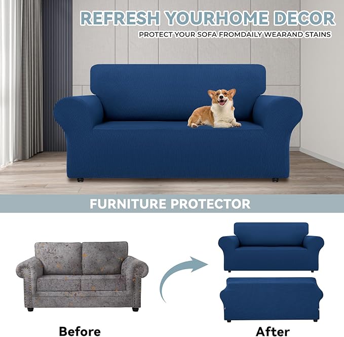 LURKA Stretch Loveseat Sofa Slipcovers 1 Piece Couch Covers for Sofa Furniture Protector Full Sofa Covers with Elastic Bottom for Kids and Dog (Medium,Royal Blue)