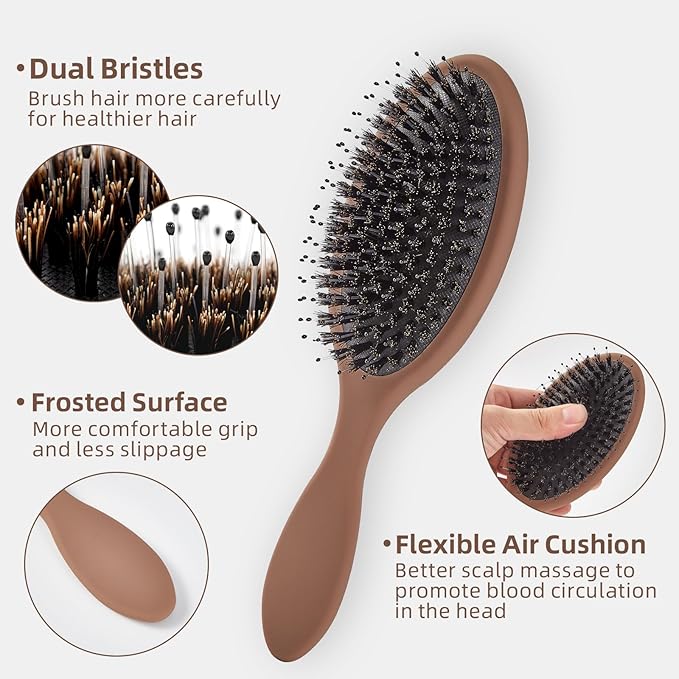 Boar Bristles Hair Brush for Women and Men, Detangling Hair Brush for Smoothing Massage Add Shine, Nylon&Boar Bristles Detangler brush for Hair Healthy (1 Pack-Mocha)
